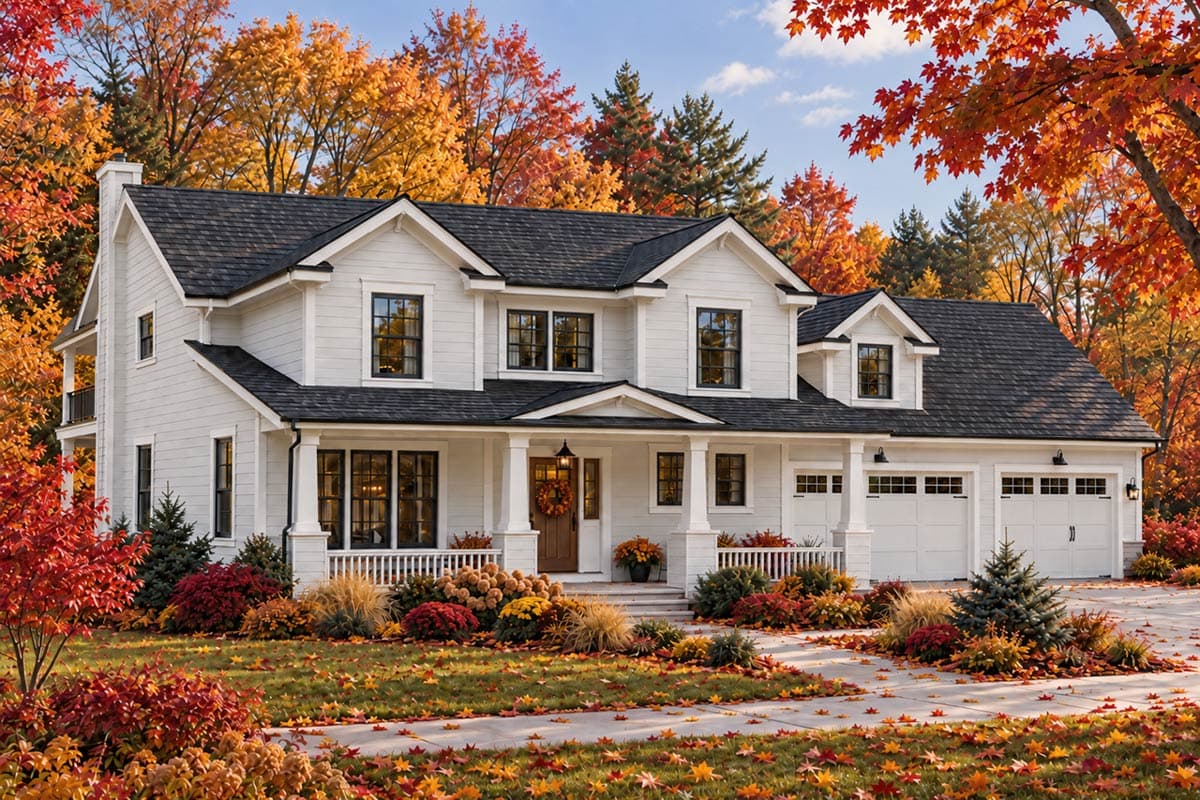 House plan exterior of a two-story home featuring a wrap-around porch, multiple gables, and a three-car attached garage.