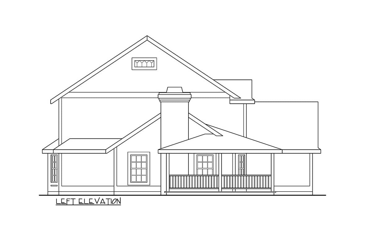 Left elevation house plan showing a gabled dormer, chimney, porch with railings, and multiple windows.