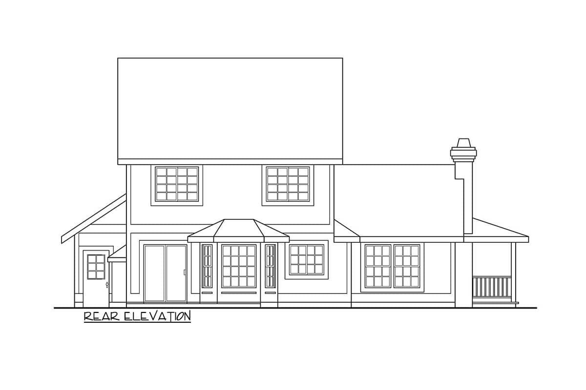 Rear elevation drawing of a two-story house plan with a bay window, porch, and gabled roof.