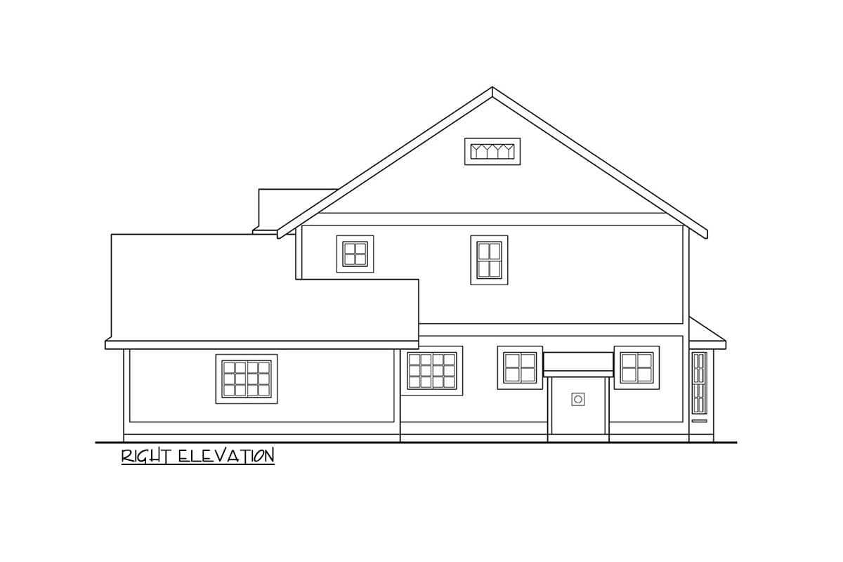 House plan right elevation drawing shows a two-story house with multiple gables, a dormer window, and various window sizes.
