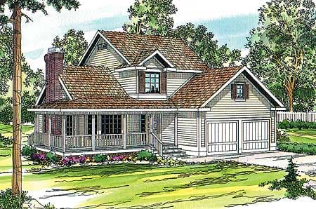 House plan exterior: Two-story home with a wraparound porch, prominent chimney, and attached two-car garage.