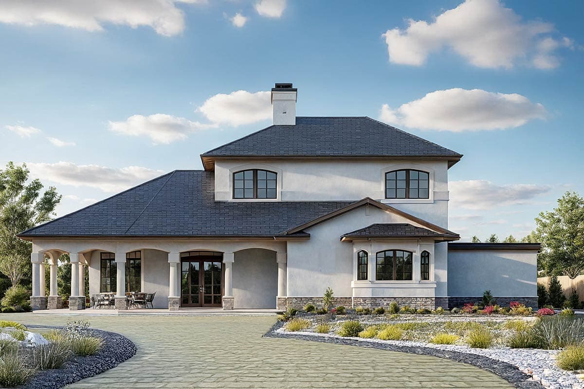 House plan exterior: Two-story residence with arched windows, covered loggia with columns, and stone accents.