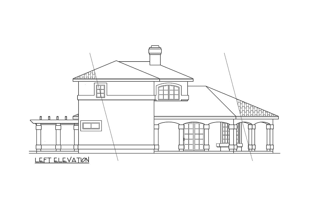 Left elevation drawing of a two-story house with a covered porch, arched windows, and a gabled roof with tile detail.