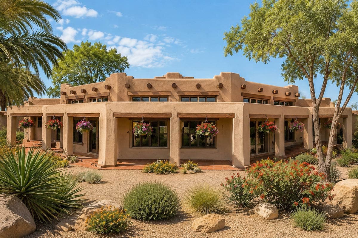 House plan exterior of a one-story stucco home with a wrap-around porch and decorative roofline.
