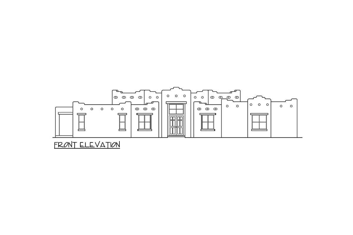 Front elevation house plan drawing featuring a stucco style with a central double door entrance and multiple windows.