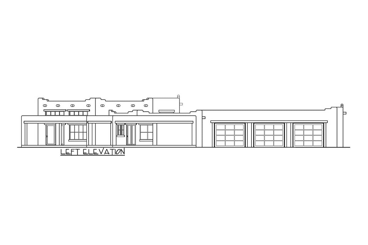 Left elevation house plan drawing with a pueblo-style roofline, multiple windows, and three garage doors.