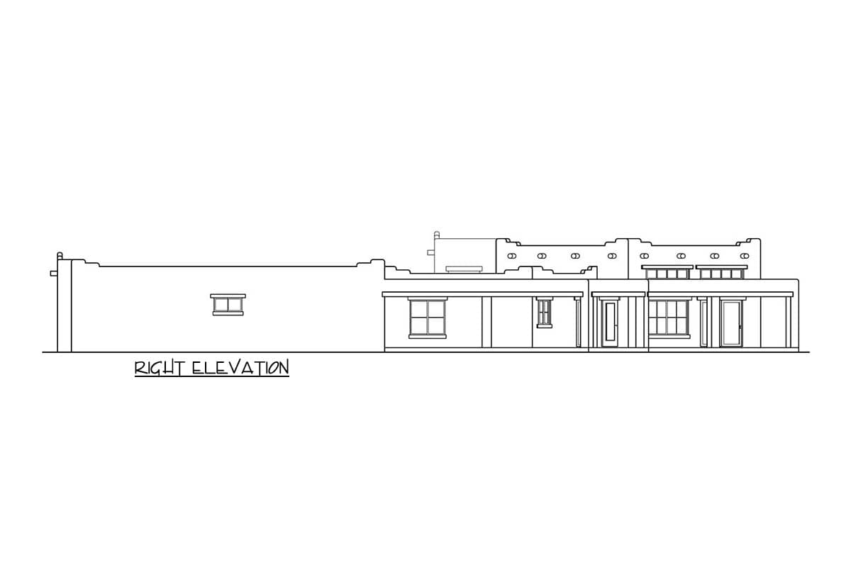 Rear elevation drawing of a Pueblo-style house with a flat roof, recessed windows, and an asymmetrical facade.