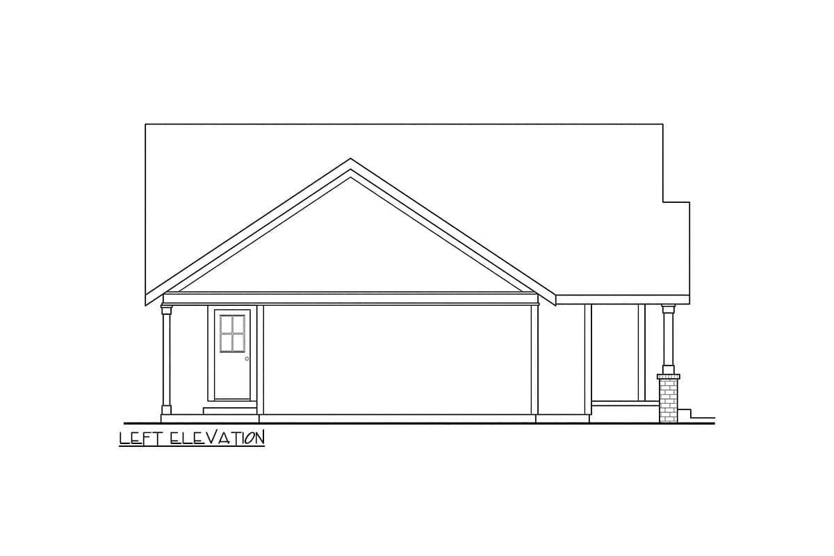 Left elevation house plan showing a gable roof, a front door with sidelights, and a porch with brick column supports.