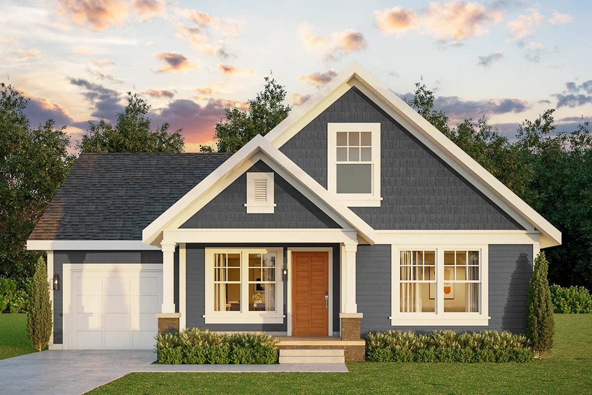 House plan exterior: one-story Modern Farmhouse with gabled dormer, front-facing garage, and covered entry.