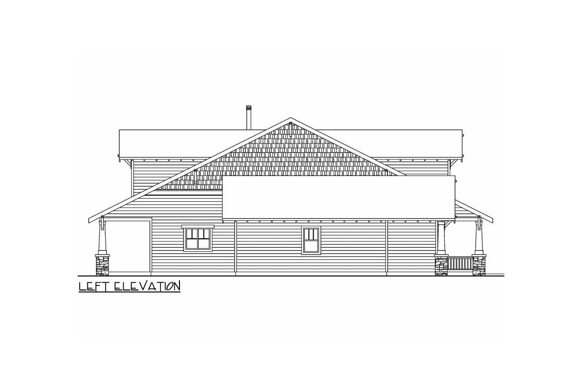 House plan exterior: Two-story home with gable dormer, covered porch supported by stone columns, and attached garage.