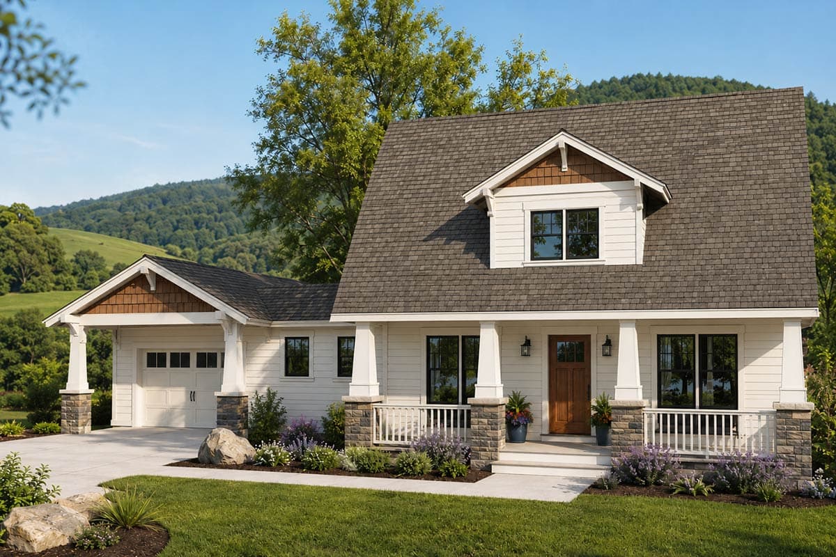 House plan exterior: Craftsman style, two stories, front porch with stone columns, dormer, and attached garage.