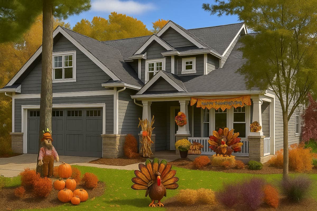 House plan exterior: two-story Modern Farmhouse with attached garage, prominent gables, and covered front porch.