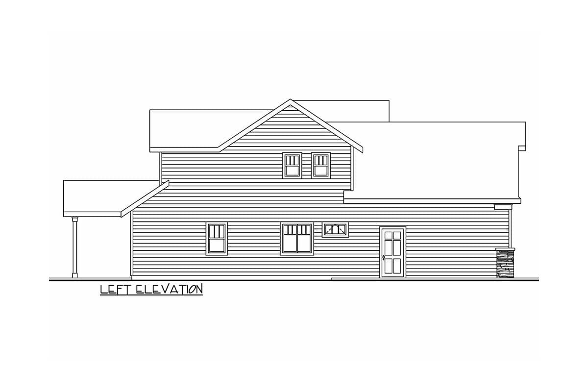 Left elevation of a house plan, showing a covered porch, multiple windows, and a door.