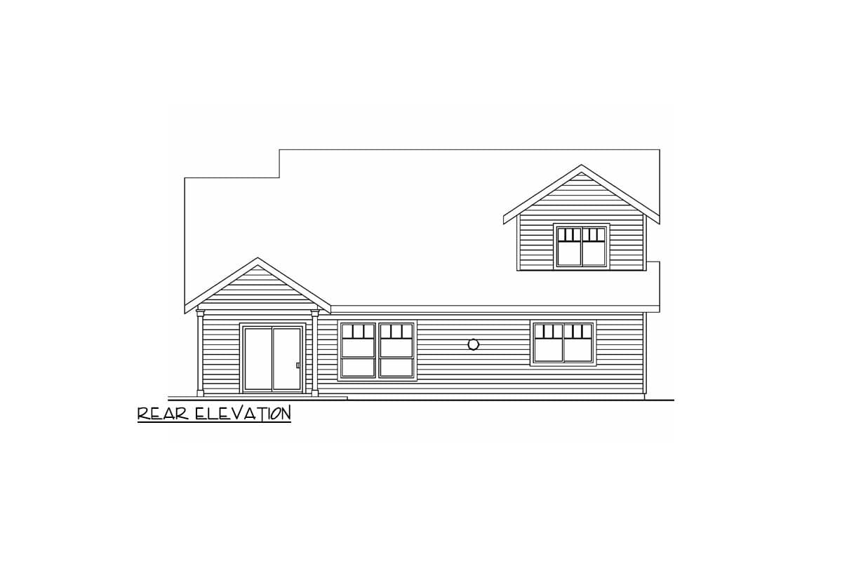Rear elevation drawing of a house plan showing a gabled dormer, sliding glass doors, and multiple windows.
