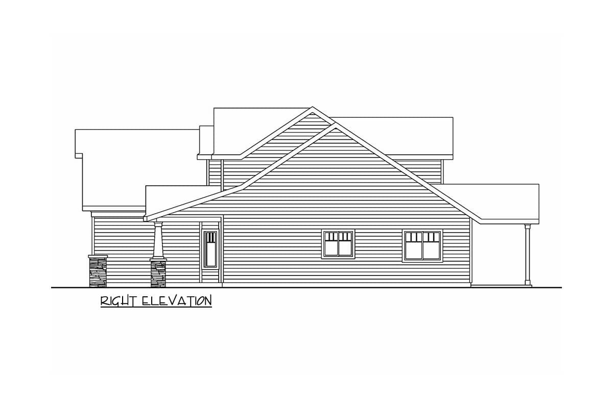 Right elevation house plan. Two-story, clapboard siding, prominent gable roof, covered entry with column, and attached garage.