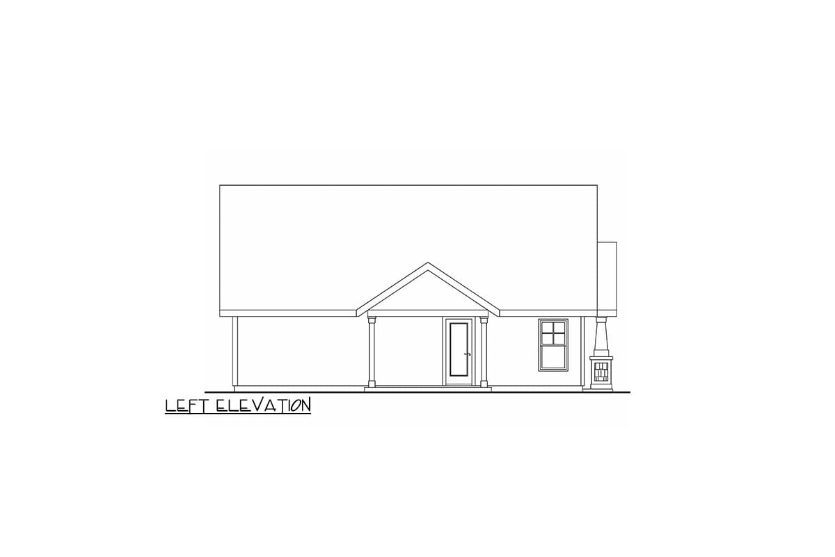 Left elevation drawing of a one-story house plan with a covered entry porch, a centered door, and a window.
