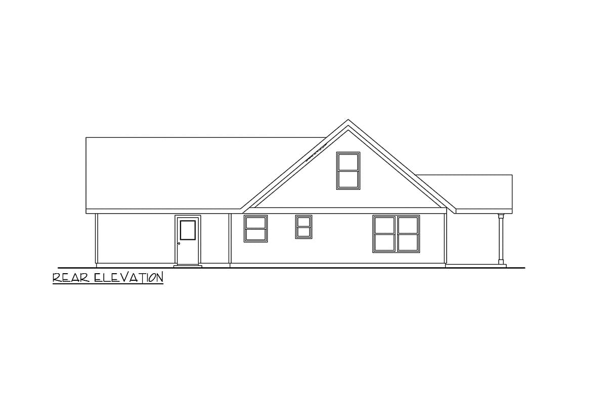 Rear elevation drawing of a house plan with a prominent gable, a dormer window, and a covered porch.
