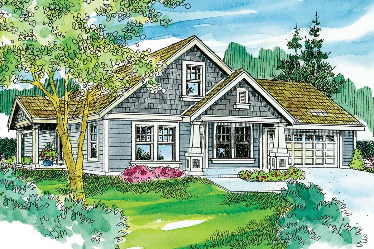 Craftsman style house plan exterior with gabled dormer, front porch with square columns, and two-car garage.