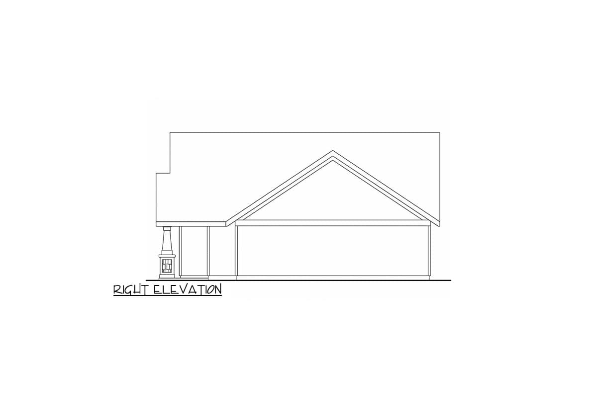 Right elevation drawing of a house plan, showing a covered porch with a support column and a gable roofline.