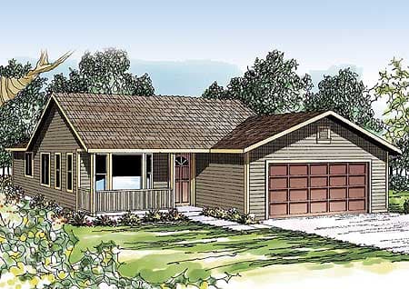 House plan exterior of a one-story home with a covered porch, gabled front, and attached two-car garage.