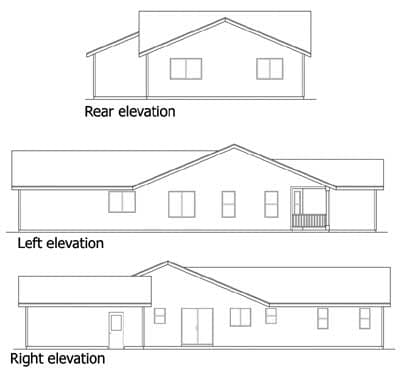 Floor plan elevations: rear, left, and right views of a single-story house with gabled rooflines and attached carport.