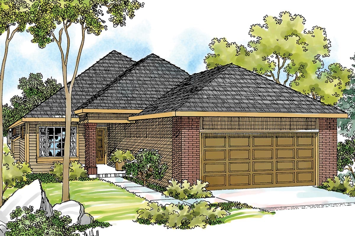 House plan exterior: Ranch style, multi-level roof, brick and wood siding, prominent garage doors.