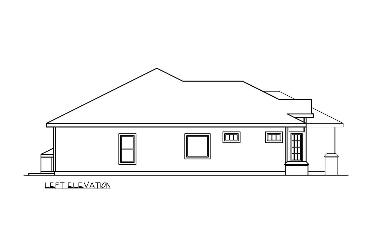 Rear, left, and right elevations of a single-story house plan showing windows, doors, and rooflines.