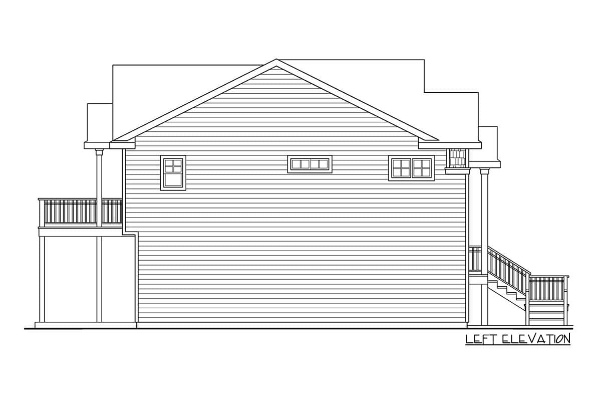Left elevation of a house plan showing horizontal siding, gabled roof, a deck, and stairs.