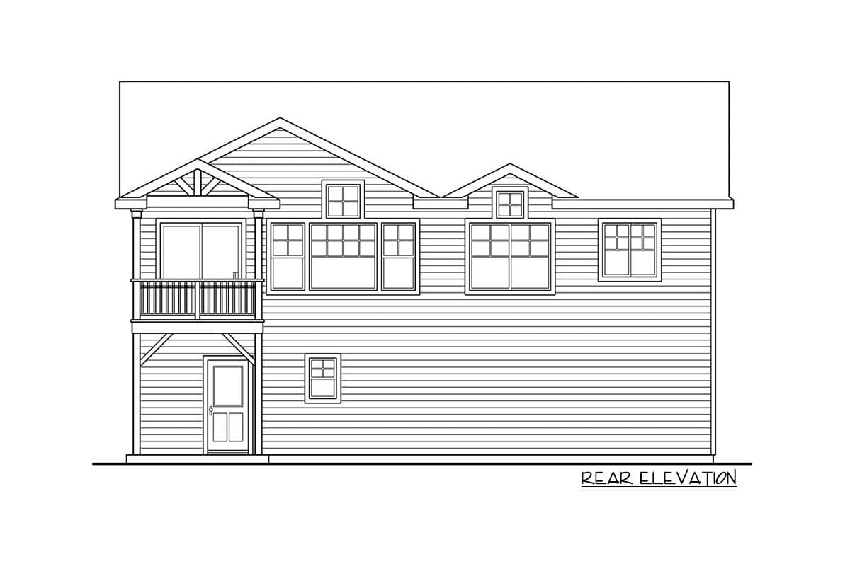 Rear elevation drawing of a two-story house plan featuring a second-story balcony, multiple gables, and numerous windows.