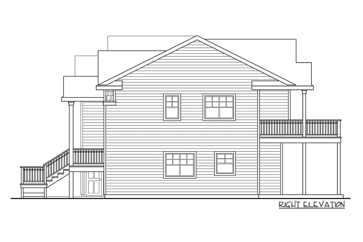 Right elevation house plan drawing showing a two-story structure with horizontal siding, gabled roof, deck, and exterior stairs.