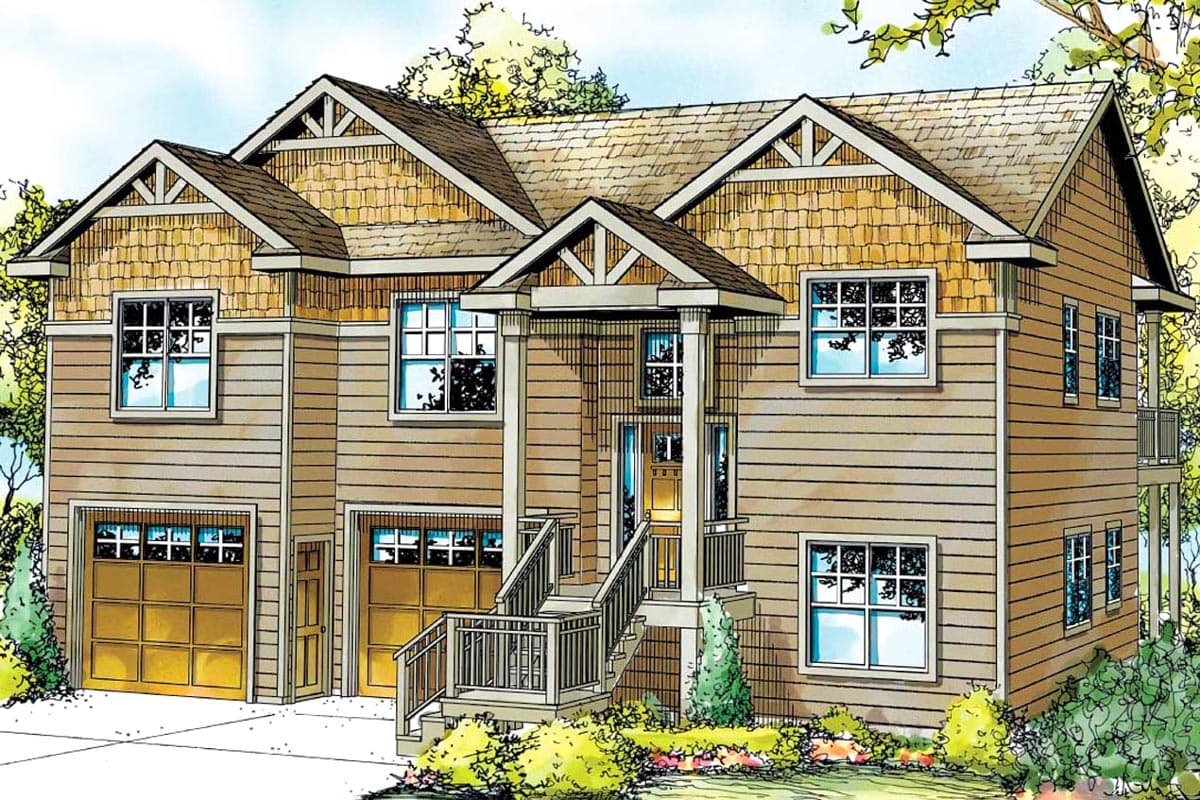 House plan exterior: two-story Modern Farmhouse with side-entry garages, prominent gables, and a covered front porch with columns.