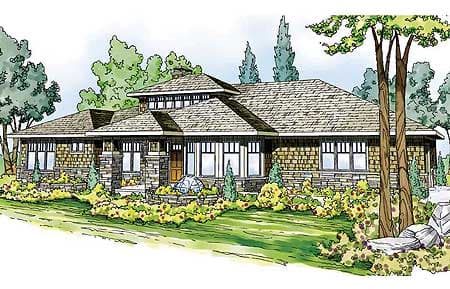Craftsman style house plan exterior with stone and shingle siding, low-pitched roof, and wide eaves.