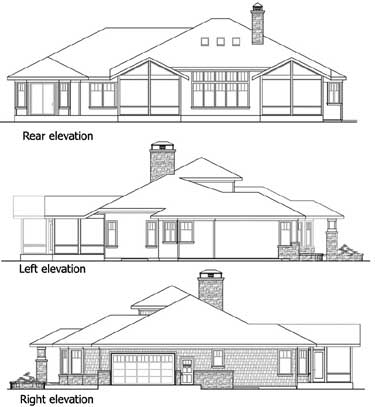 Architectural house plan showing rear, left, and right elevations with a garage, covered porch, and dormers.