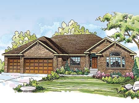 House plan exterior of a one-story brick home with a 3-car garage, arched entry, and gabled rooflines.