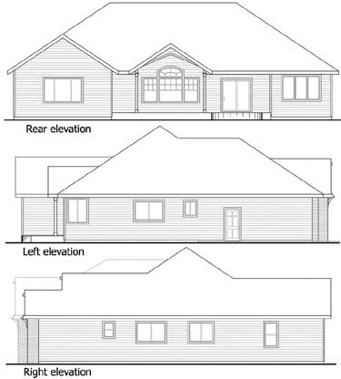 Rear, left, and right elevations of a single-story house plan with gabled rooflines and multiple windows.