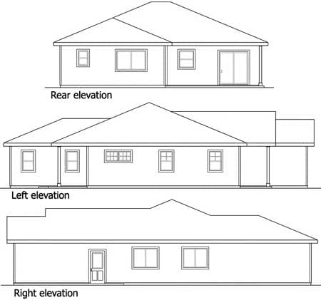Rear, left, and right elevations of a one-story house plan showing varied window placement and a covered porch.