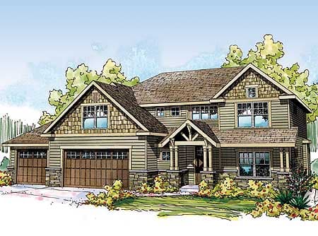 Craftsman style house plan exterior. Two stories, three-car garage, covered entry porch with bracketed support, gables, and dormers.