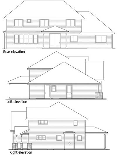 House plan elevations: rear view shows double doors and many windows; left and right views show covered entryways and a garage.