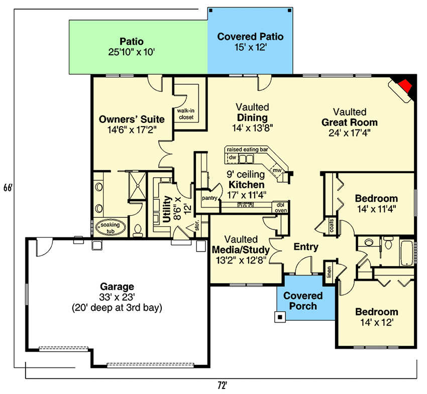 Plan 72647DA: 3-Bed Craftsman Ranch Home with Vaulted Great Room - 2316 Sq Ft - Floor Plan - Main Level - Craftsman, Northwest, Ranch, Traditional