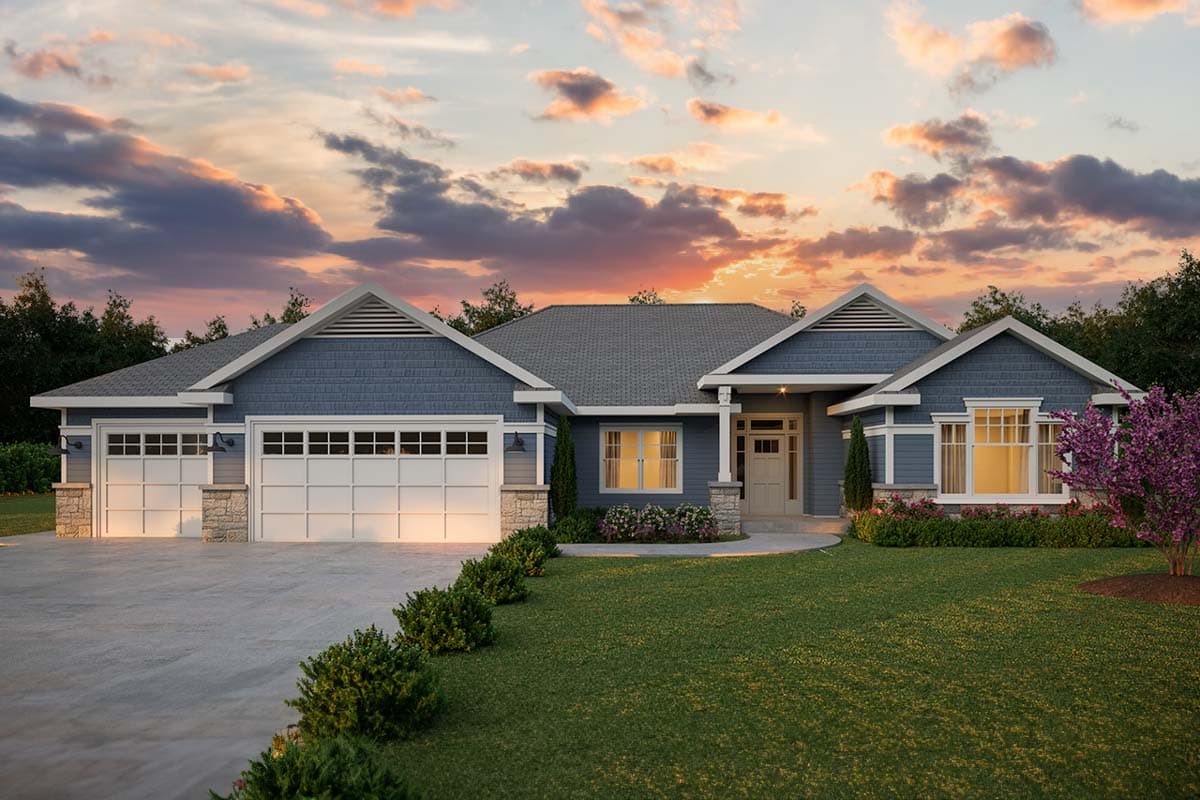 House plan exterior: Modern Farmhouse style, one story, with a three-car garage, prominent gables, and a covered entryway.
