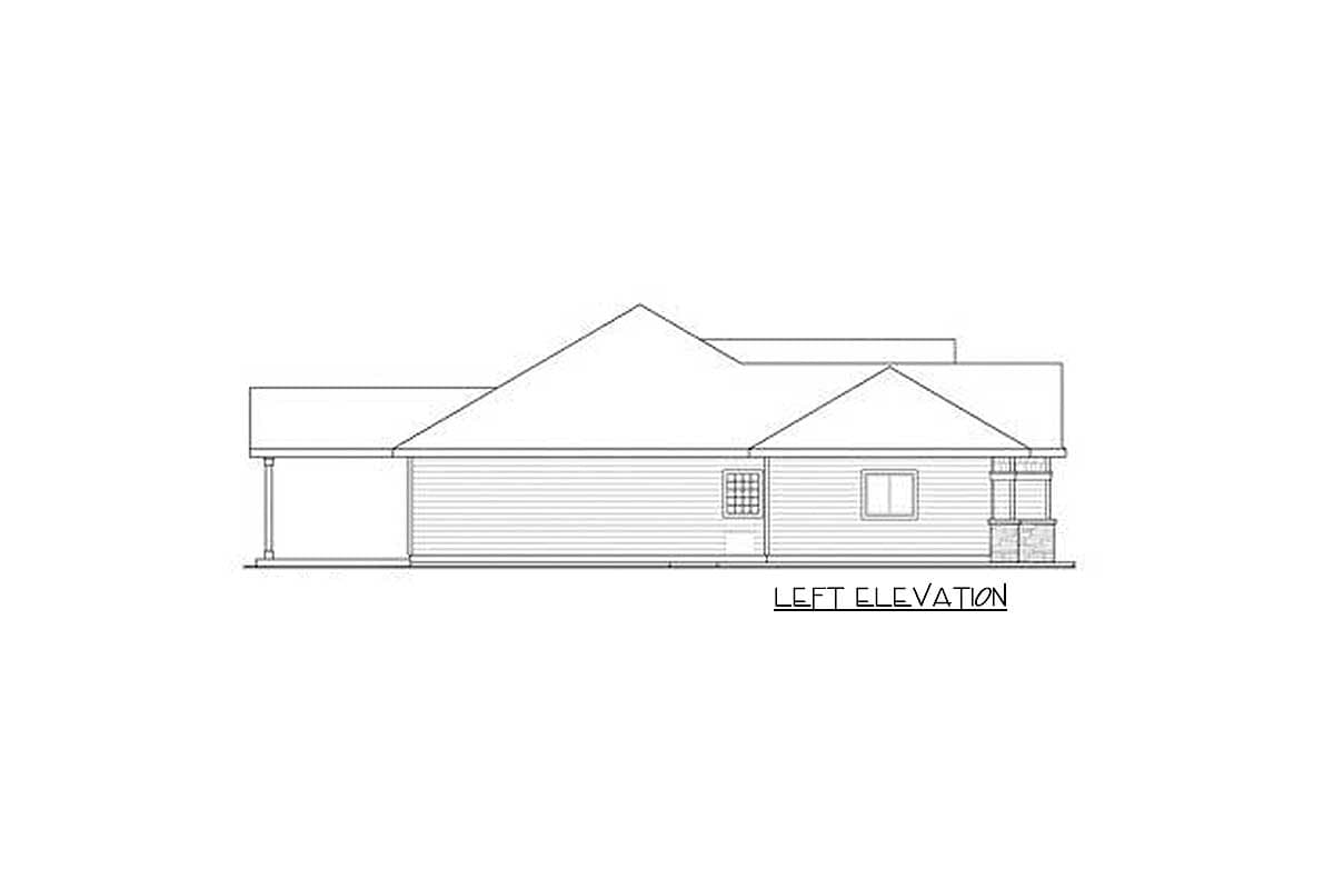 Left elevation drawing of a single-story house plan with hip roof, attached garage, and covered front porch.