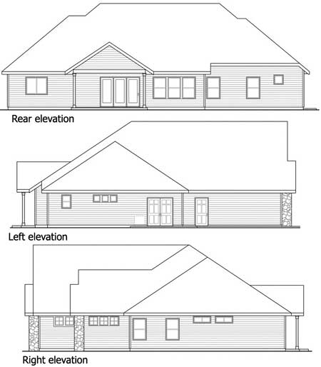 House plan rear, left, and right elevations showing siding, double doors, and stone accents.
