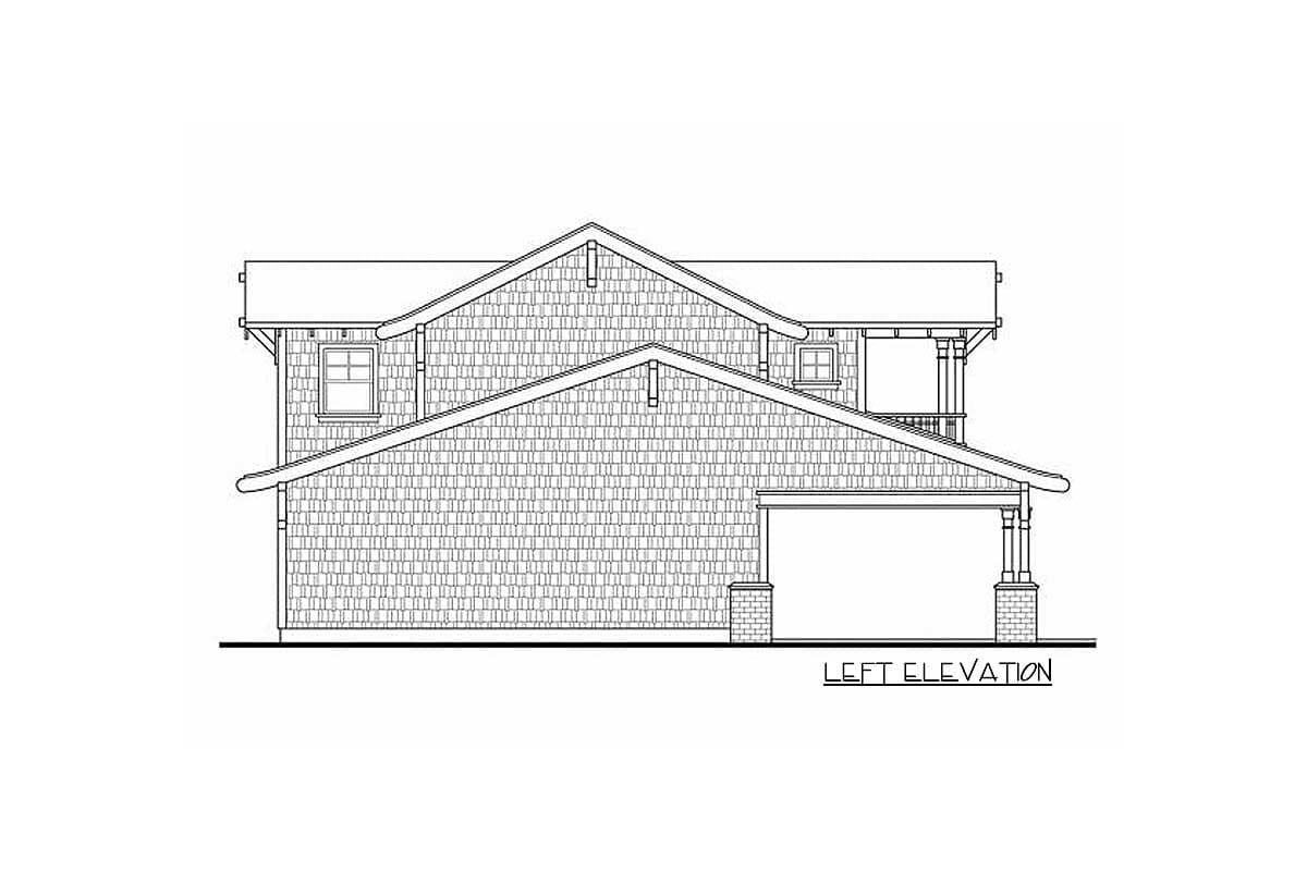 Left elevation house plan with shingle siding, multiple gables, covered porch, and garage.