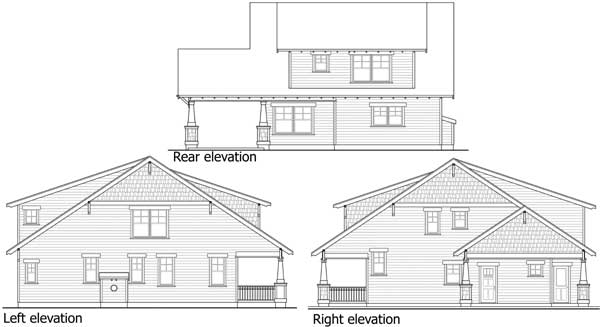 House plan rear, left, and right elevations show a two-story home with gabled roofs, dormers, and covered porches.
