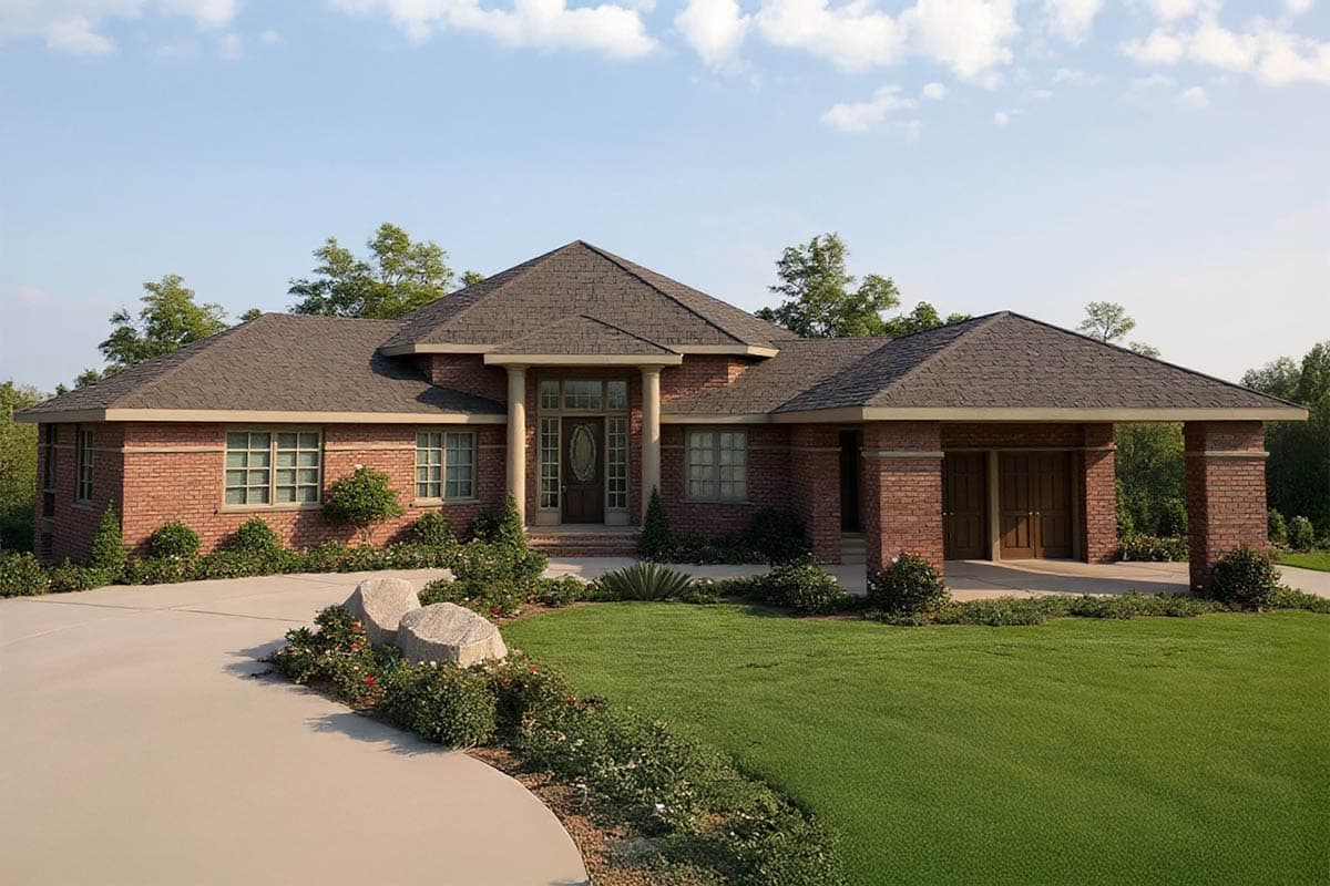 House plan exterior: One-story brick residence with a prominent portico, hip roof, and a detached two-car carport.