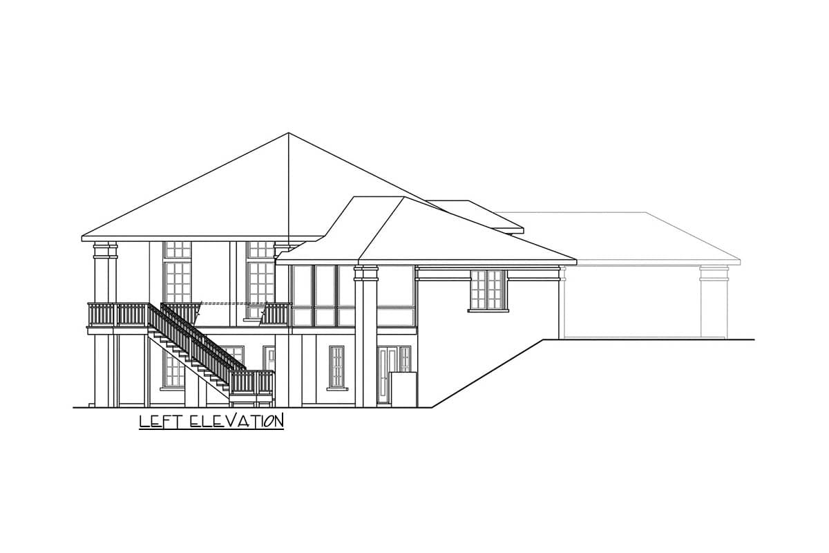 Left elevation of a house plan featuring a prominent staircase, balconies, and varied rooflines.