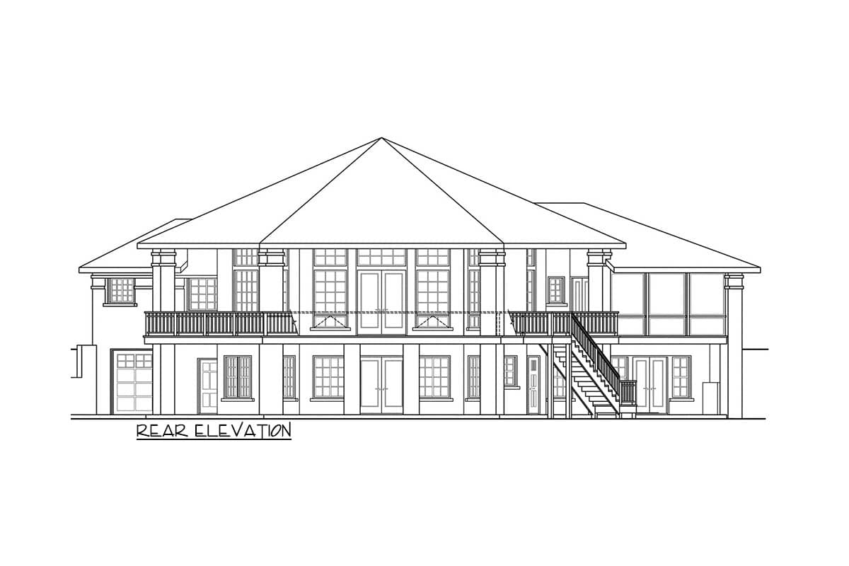Rear elevation drawing showing a two-story house with a central hipped roof, a second-story balcony, and an external staircase.