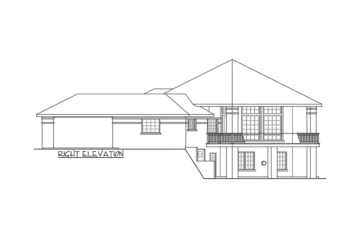 Right elevation drawing of a two-story house plan with balconies and gabled roof.