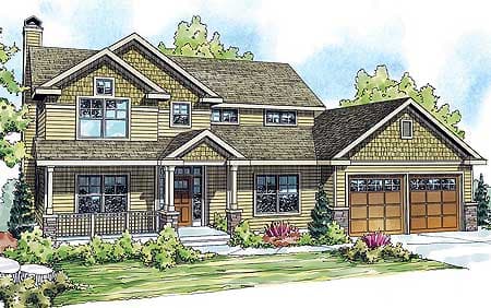 Craftsman house plan exterior with a covered porch, two-car garage, gables, and prominent rooflines.