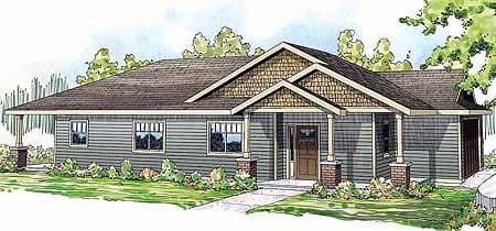 Ranch style house plan exterior with a covered front porch, gable accents, and horizontal siding.